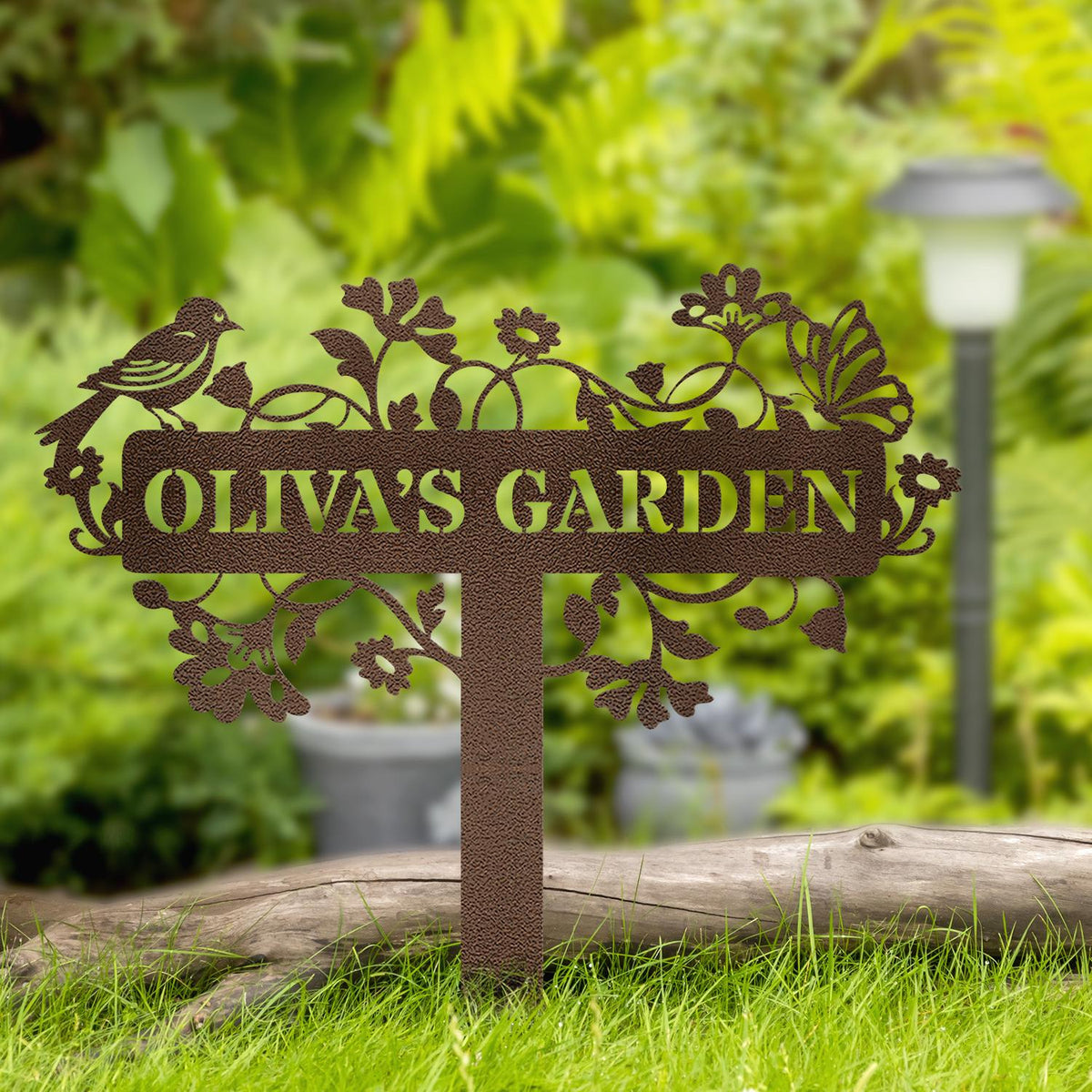 Custom Metal Garden Sign: Bird & Flower Design, Personalized Name Sign