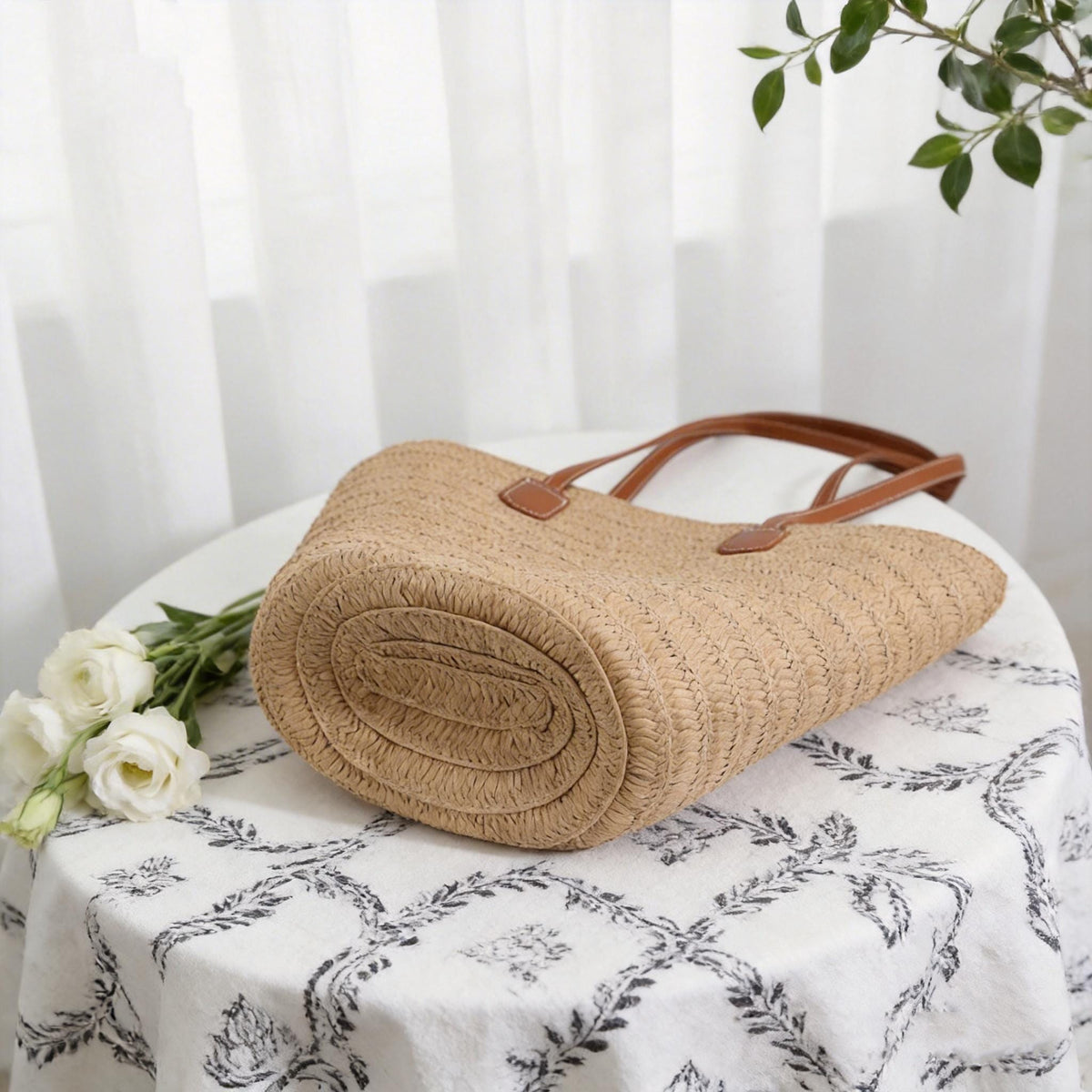 Handmade Raffia Tote Bag with PU Leather Handles, Large Summer Straw Handbag for Women, Woven Beach Purse